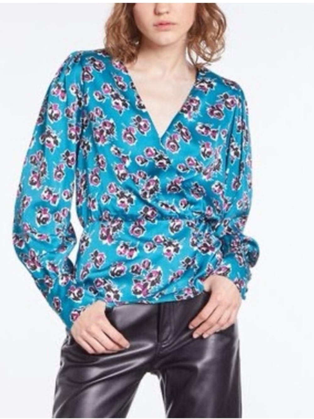 The Kooples Teal Floral Wrap Blouse with Burgundy Accents